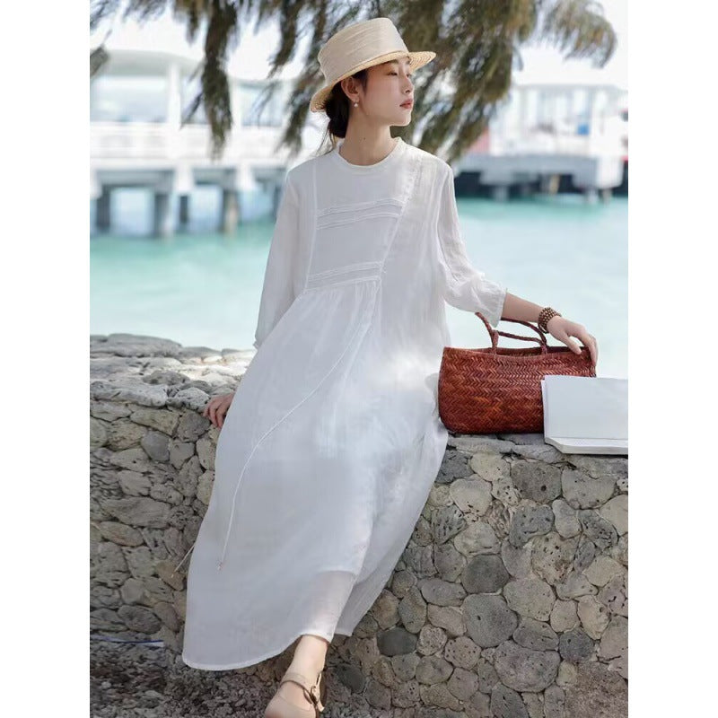 Women's Cotton Linen Loose Big Hem White Dresses