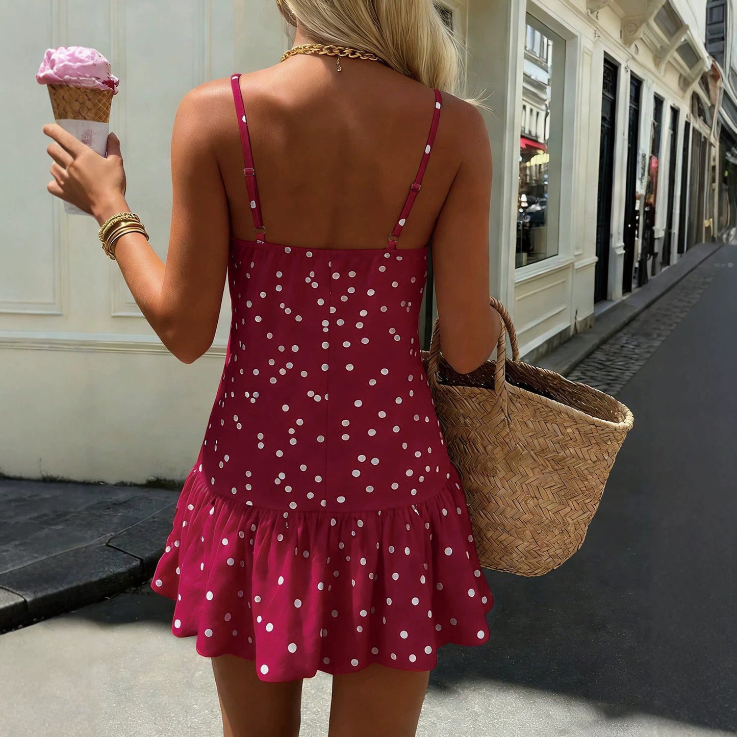 Women's Polka Dot Print Sexy Suspenders Metal Ornament Lotus Leaf Dress