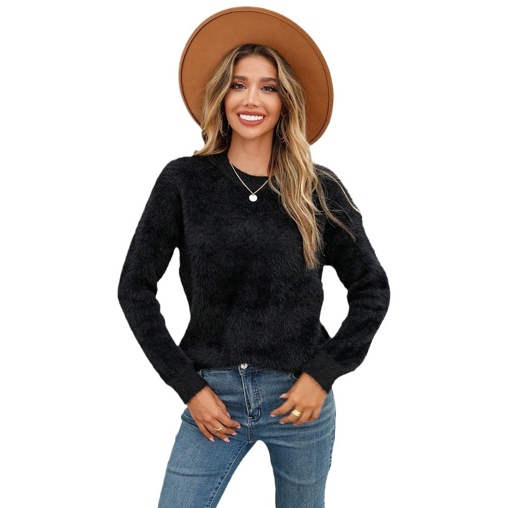 Spring Veet Pullover Solid Color Long Sleeve Sweater