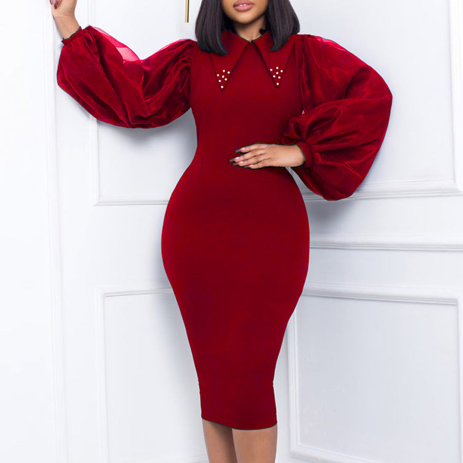 Women's Long-sleeved Large Sheath Beaded Mesh Stitching Commuter Dress