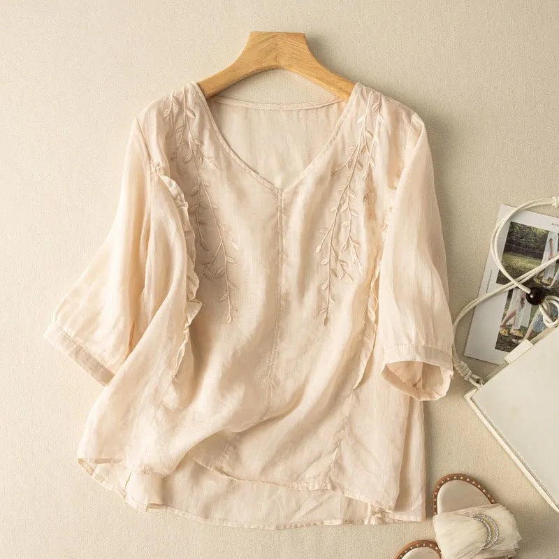 Summer Embroidered Cotton Linen Loose Temperament Artistic Retro Cropped Tops