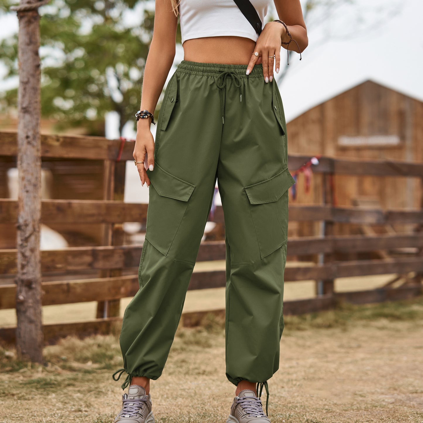 American Street Loose Drawstring Elastic Waist Overalls Pants
