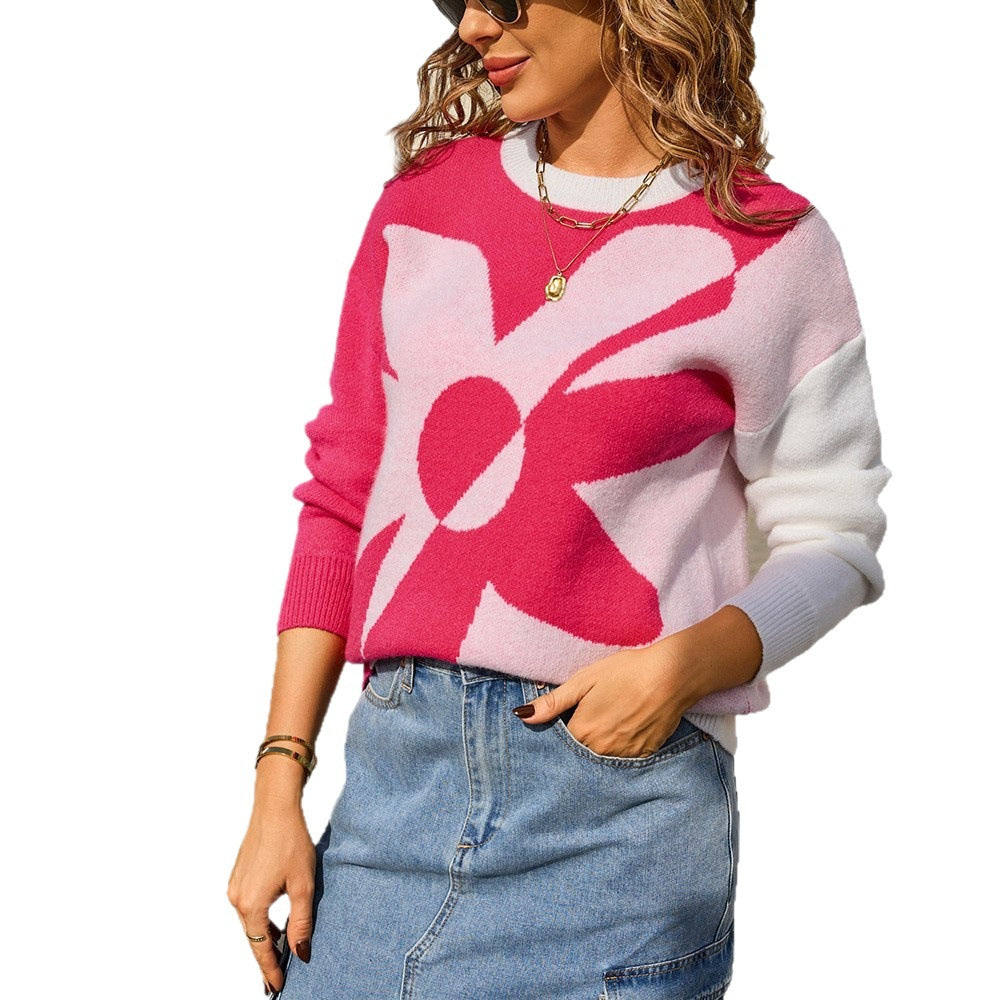 Women's Large Long Sleeve Flower Stitching Fashion Sweaters