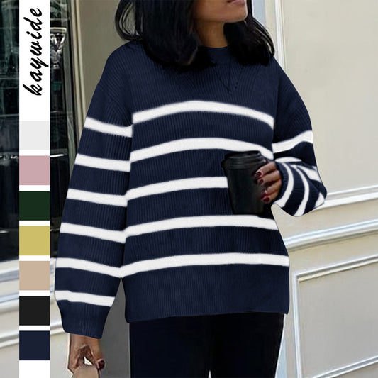 Slouchy Women's Casual Striped Wool Long-sleeved Sweater
