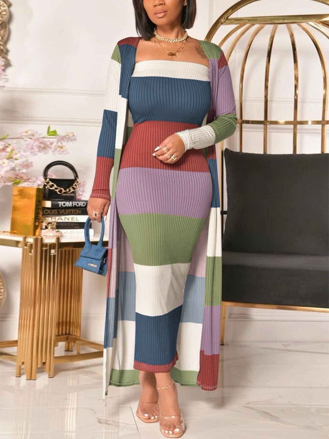 Striped Tube Dress Long Sleeve Two-piece Suits