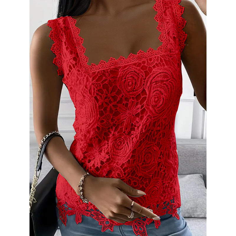 Summer Square Collar Lace Sleeveless T-shirt Blouses