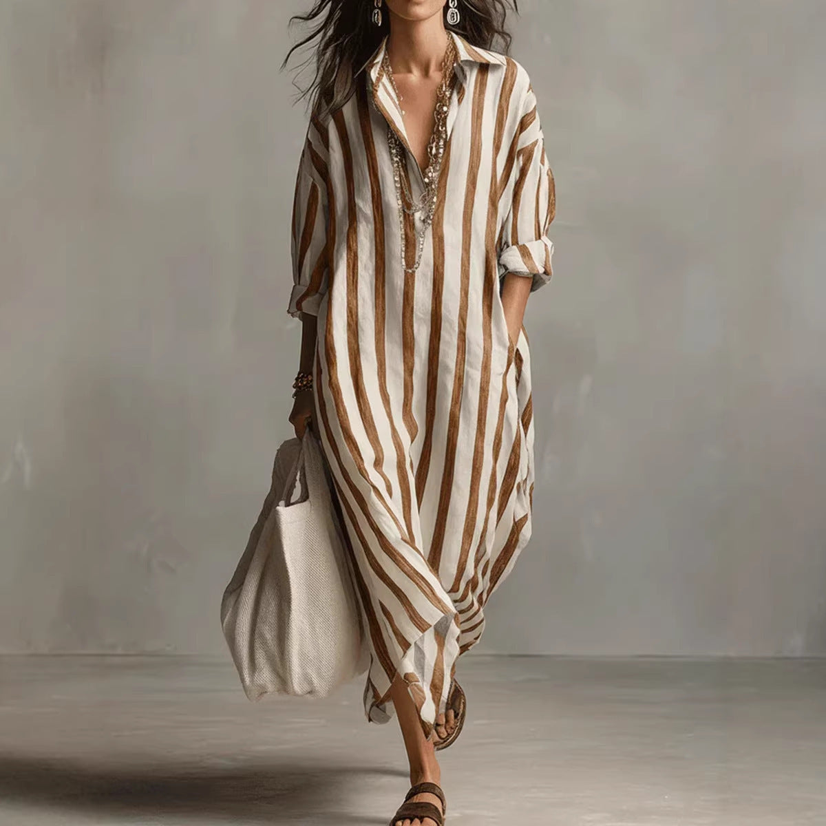 Women's Fashionable Loose Long Striped Summer Ninth Dress
