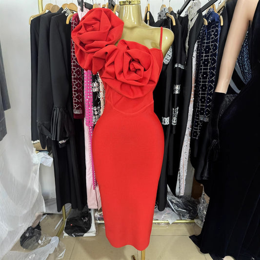 Red Flower Backless Slim Mid-length Bandage Dresses