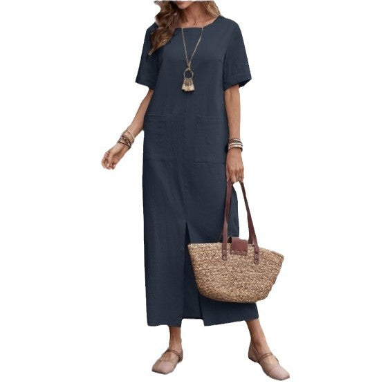 Women's Summer Cotton Linen Solid Color Loose Round Neck Sleeve Dress