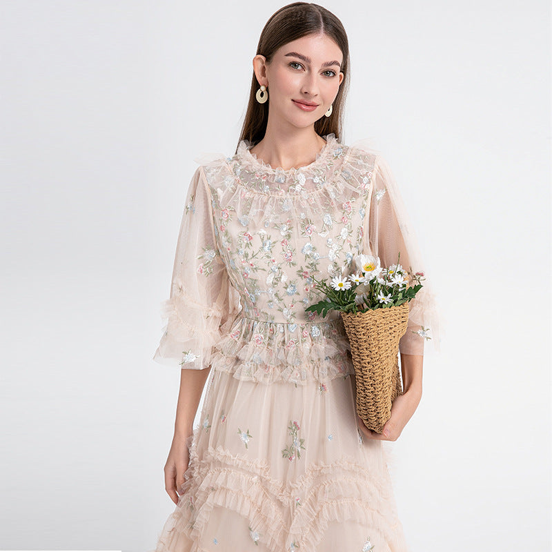 Women's Elegant Dress For French Embroidery Flower Mesh Dresses