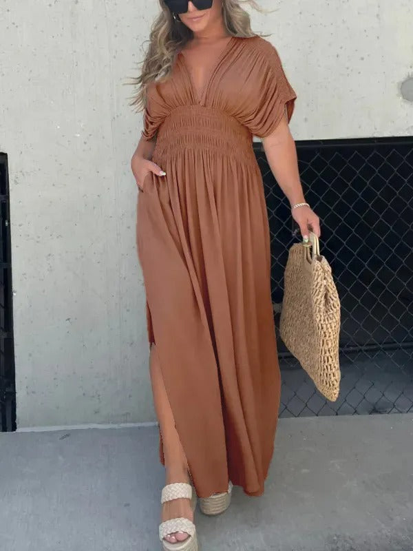 Color Bat Sleeve Elastic Waisted Slimming Dresses