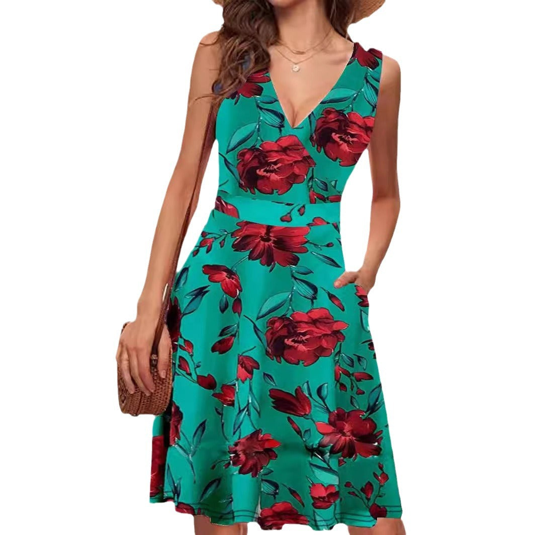 Graceful Comfortable Elegant Sleeveless Printed Pocket Dress