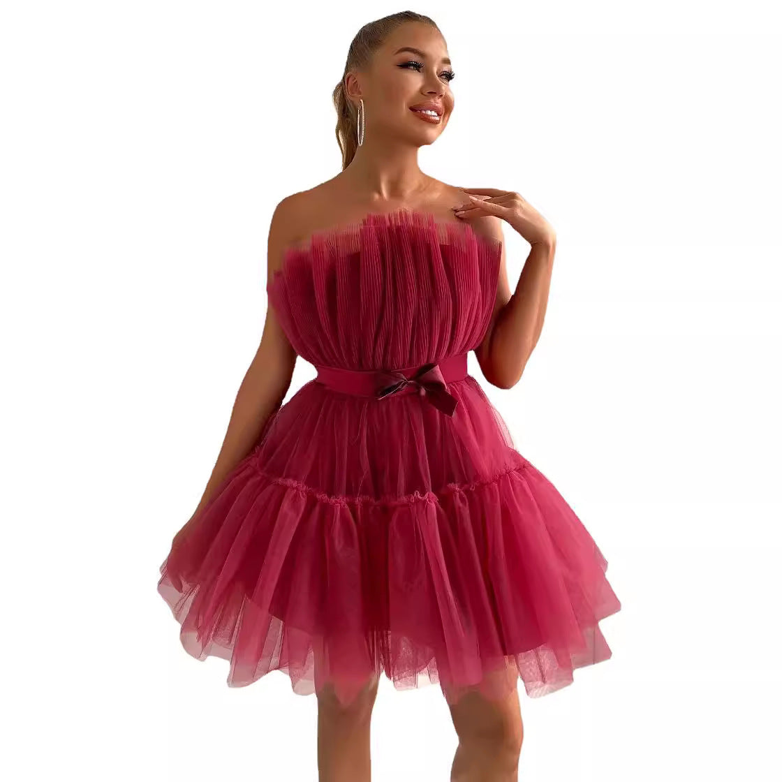 Women's Tube Mesh Graceful Bow Pettiskirt Dress Tops
