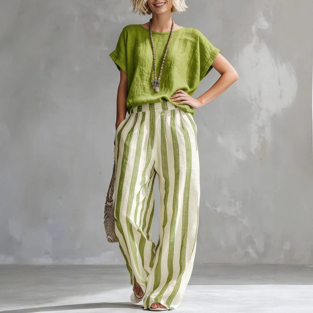 Women's Round Neck Straight Striped Trousers Fashion Casual Suit