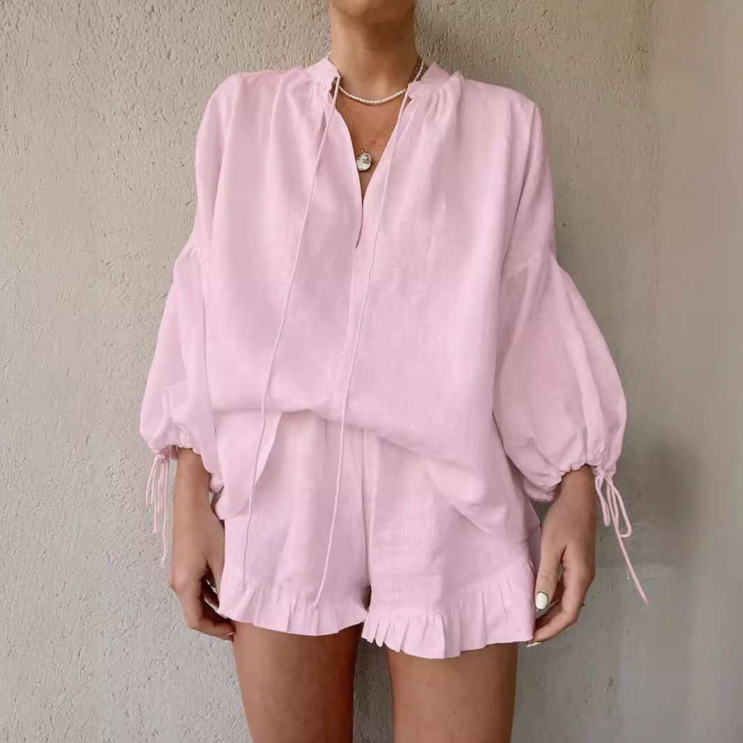 Linen Solid Color Loose Lantern Sleeve Two-piece Summer Suits