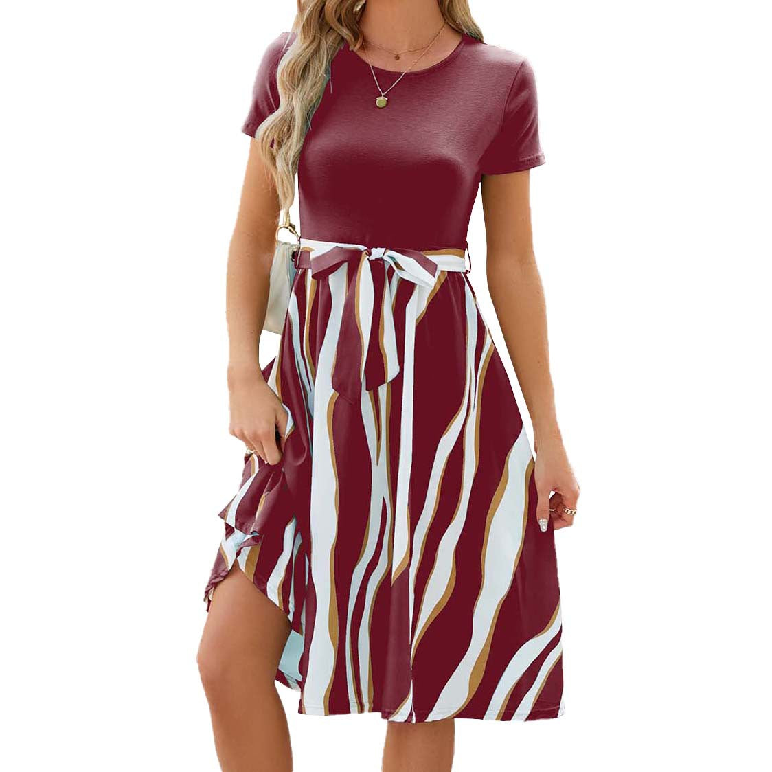 Round Neck Stitching Printing Sleeve Large Dresses