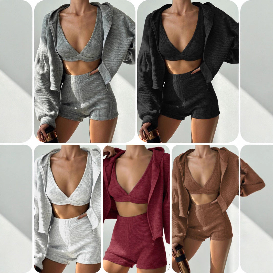 Women's Hot Sports Zipper Hooded Autumn Comfortable Three-piece Shorts