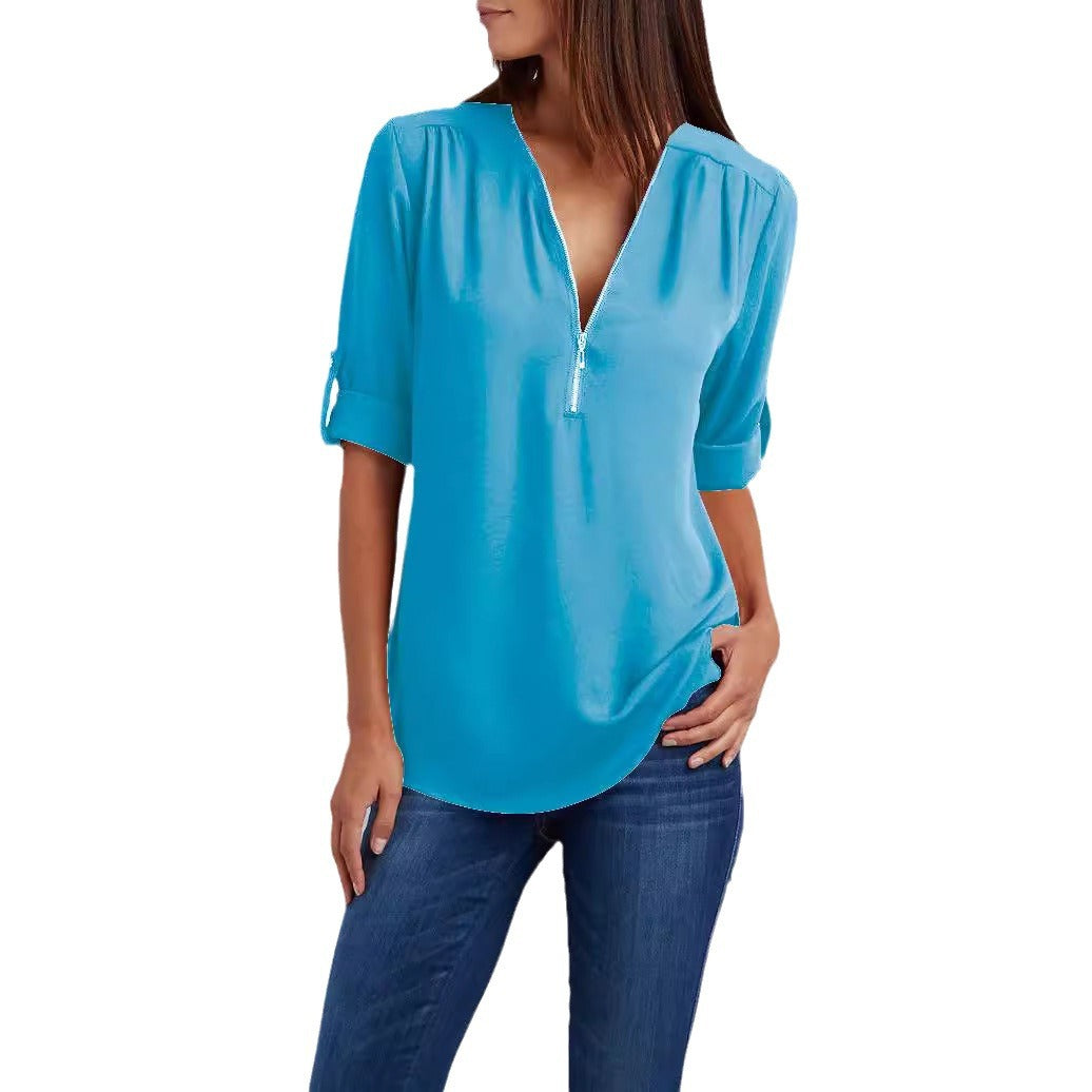 Women's Long Sleeve Rollable Sleeves Loose Chiffon Blouses
