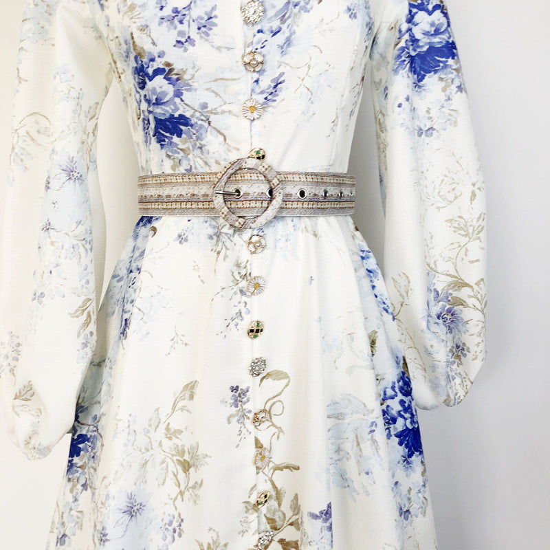 Women's Floral Print Single-breasted Stand-up Collar Puff Dresses