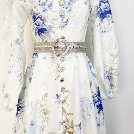 Women's Floral Print Single-breasted Stand-up Collar Puff Dresses