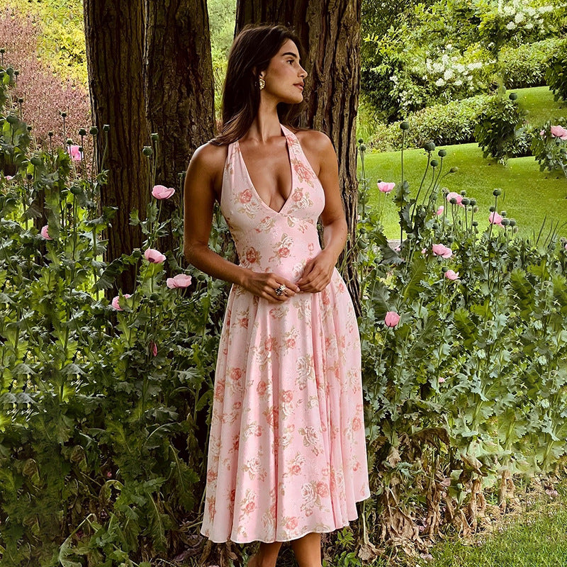 Women's Floral Print Halter A- Line Dress French Dresses