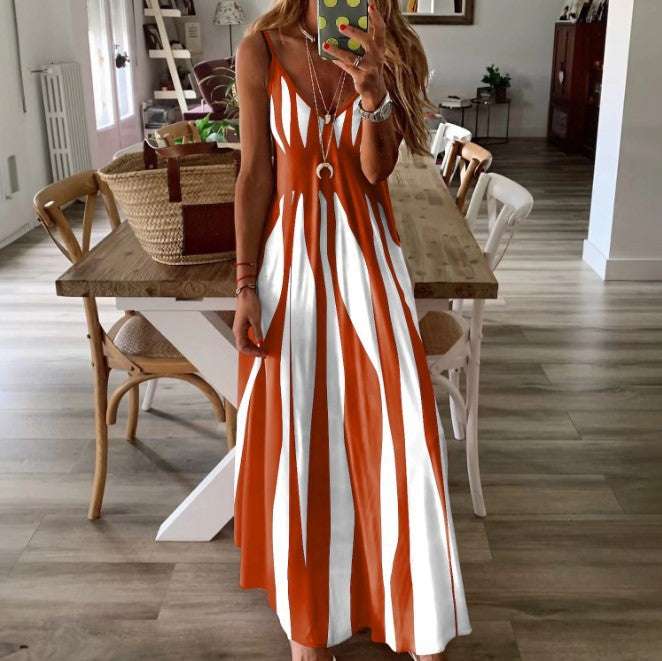 Women's Summer Fashion Striped Loose Sling Printing Dress