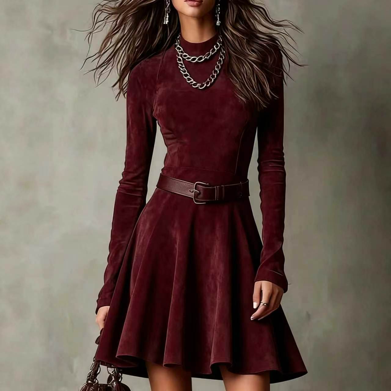 Women's Suede Long-sleeved Retro High Collar Slim Fit Skirts