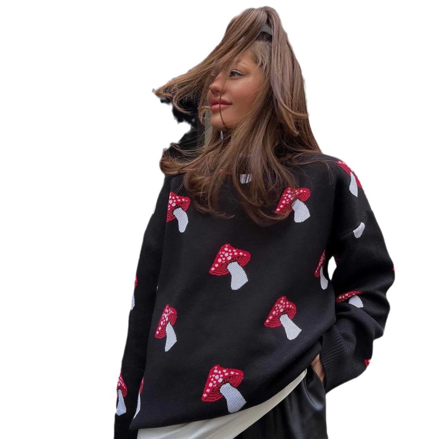 Women's Long Loose Mushroom Retro Crew Neck Sleeve Sweaters