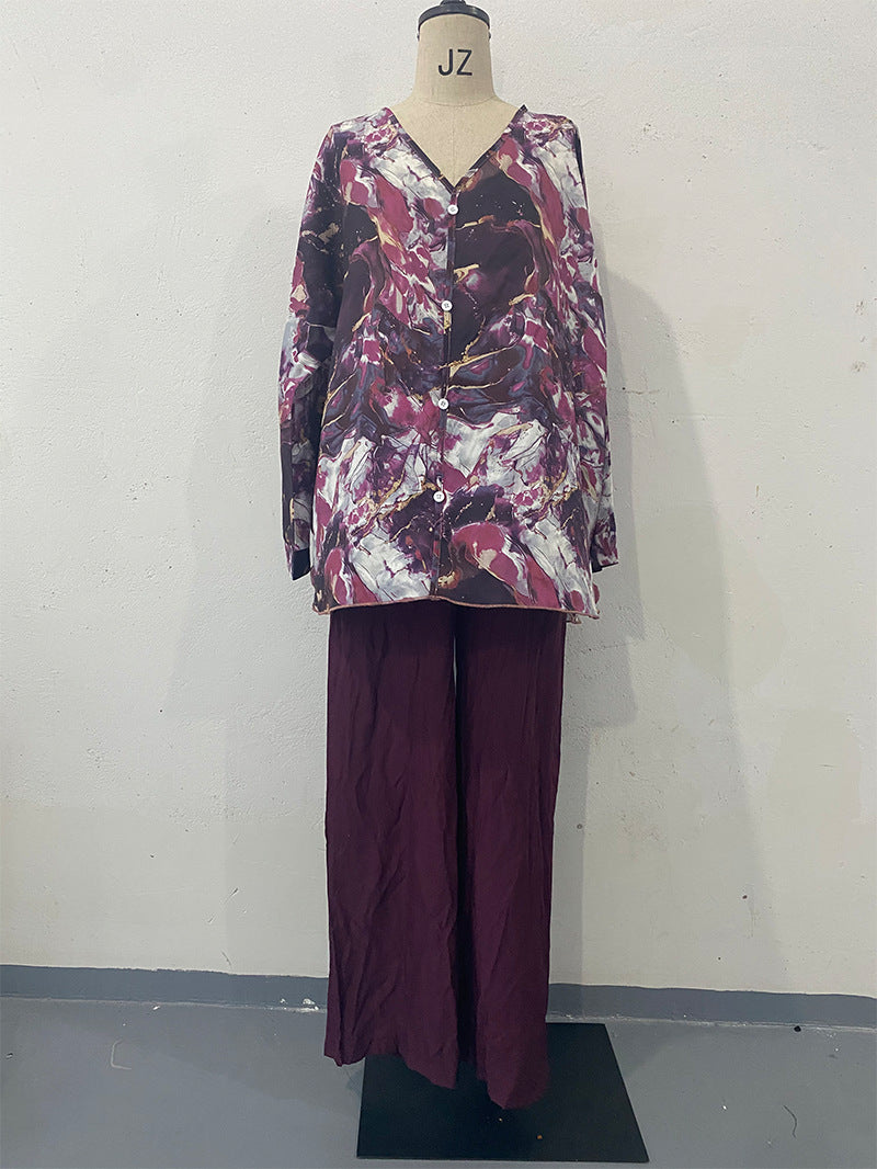 Women's Spring Fashion Printed Shirt Wide Leg Suits