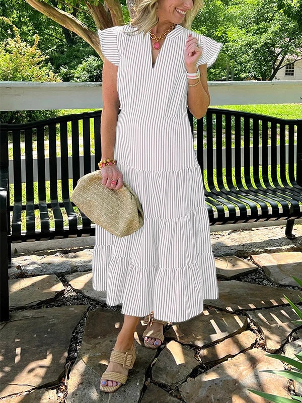 Women's Summer Temperament Striped Printed Flying Sleeves Dress