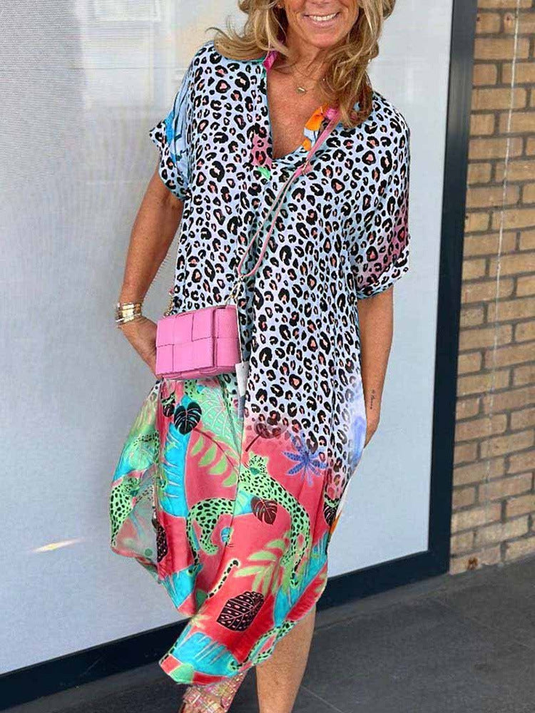 Women's Fashion Wear Half-open Collar Printed Loose Dresses