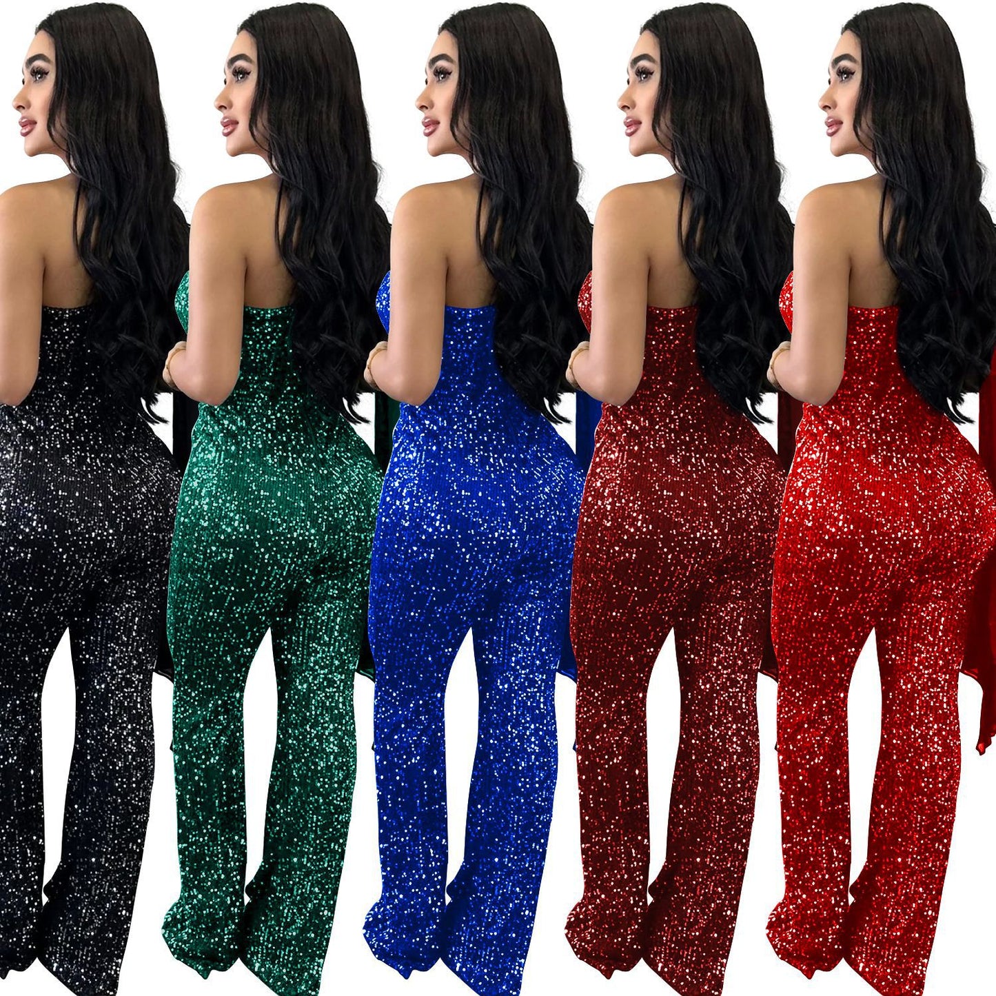 Women's Fashion Wear Solid Color Sleeveless Sequined Jumpsuits