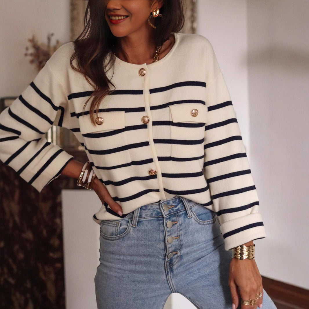 Women's Black White Striped Button Knitted Casual Sweater