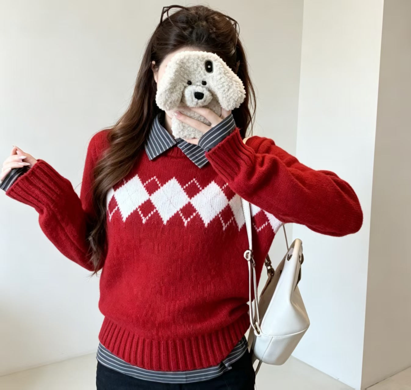 Women's Style Rhombus Jacquard Crew Neck Pullover Casual Women's Sweater