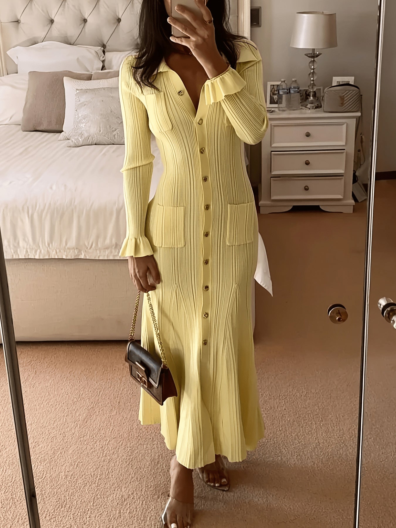 Women's French Lapel Solid Color Elegant Knitted Dress