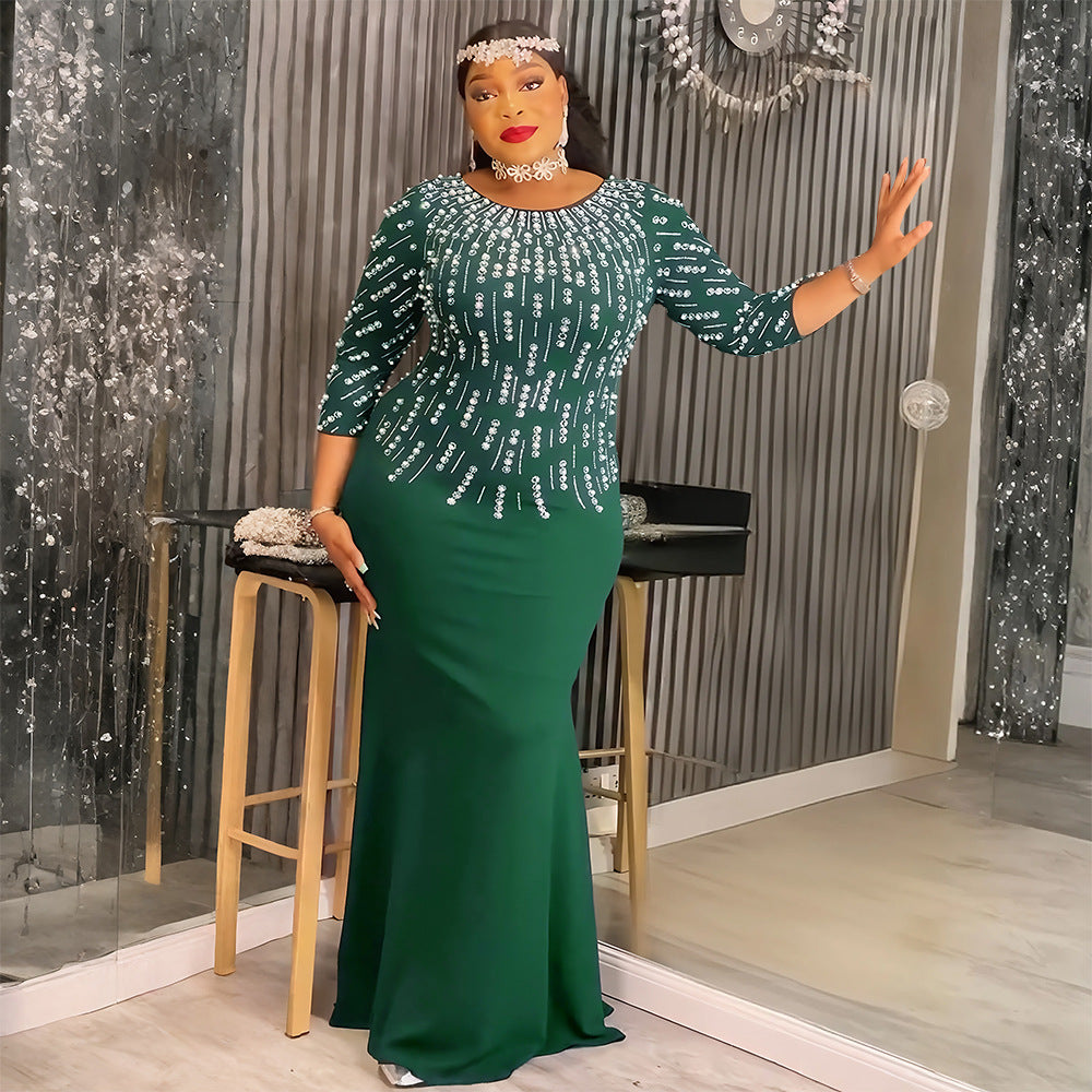 Women's African Fashion Rhinestone Formal Dress Solid Dresses