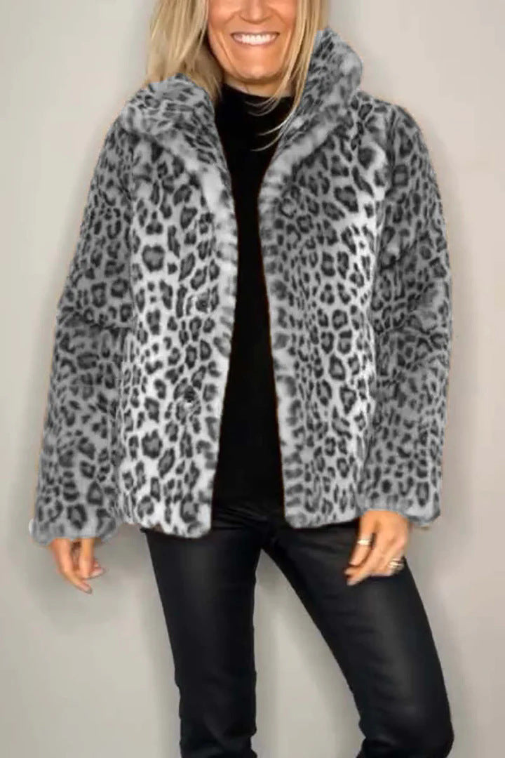 Women's Winter Fashionable Leopard Print Lapel Imitation Coats