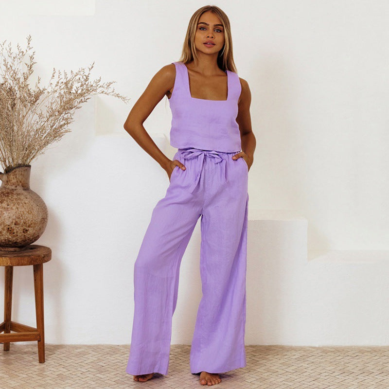 Women's Cotton Linen Sleeveless Trousers Loose Outfit Suits
