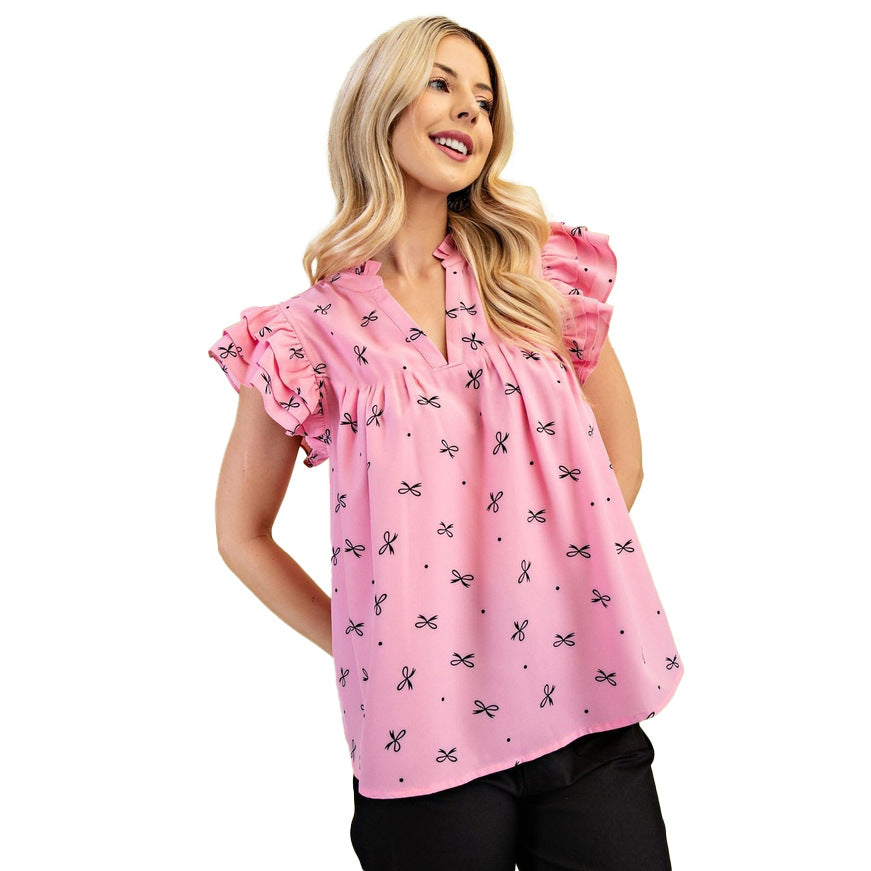 Women's Summer Ruffle Sleeve Sweet Printed Shirt Blouses