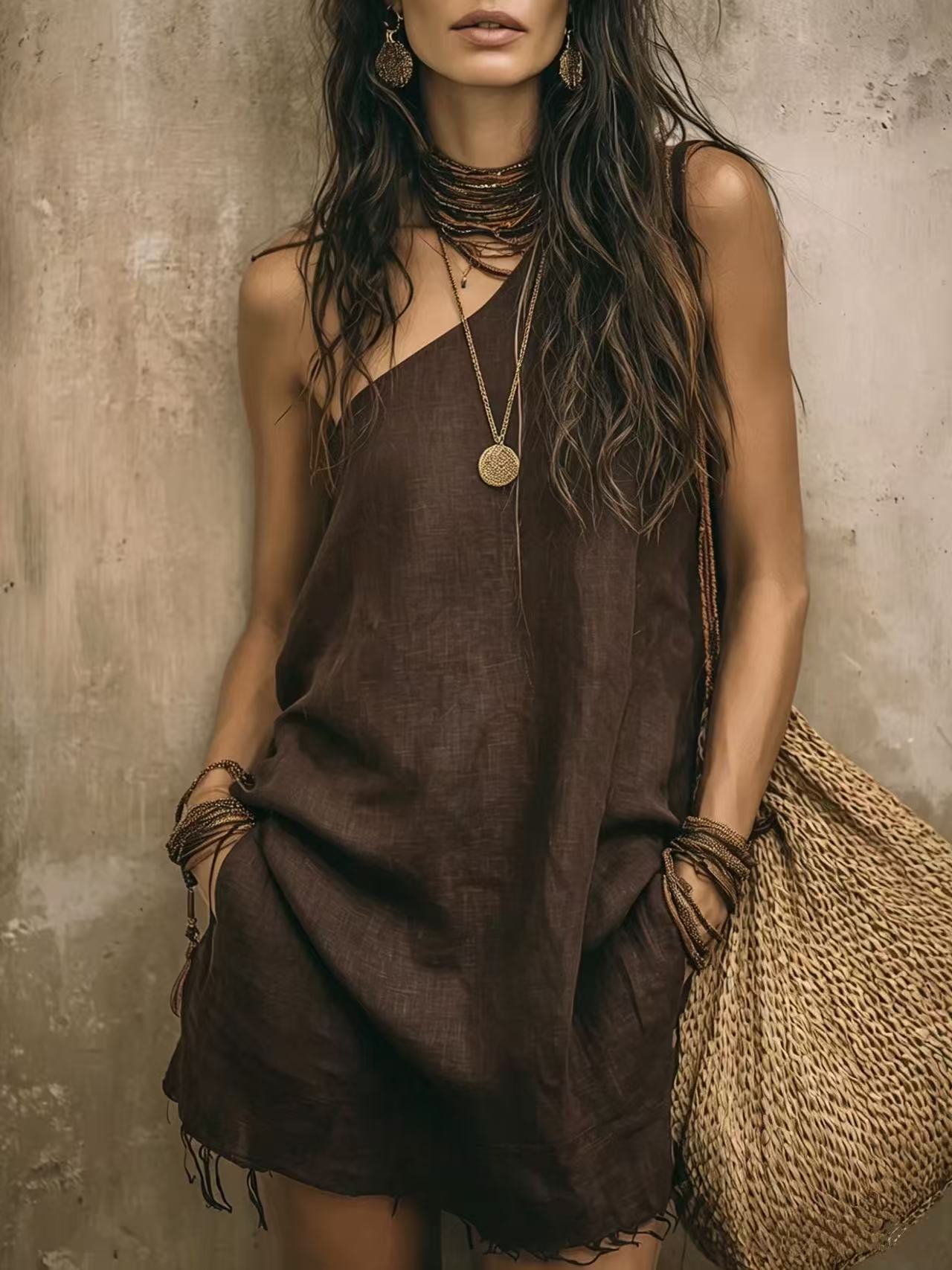 Oblique Shoulder Solid Color Bohemian Style Characteristic Dress
