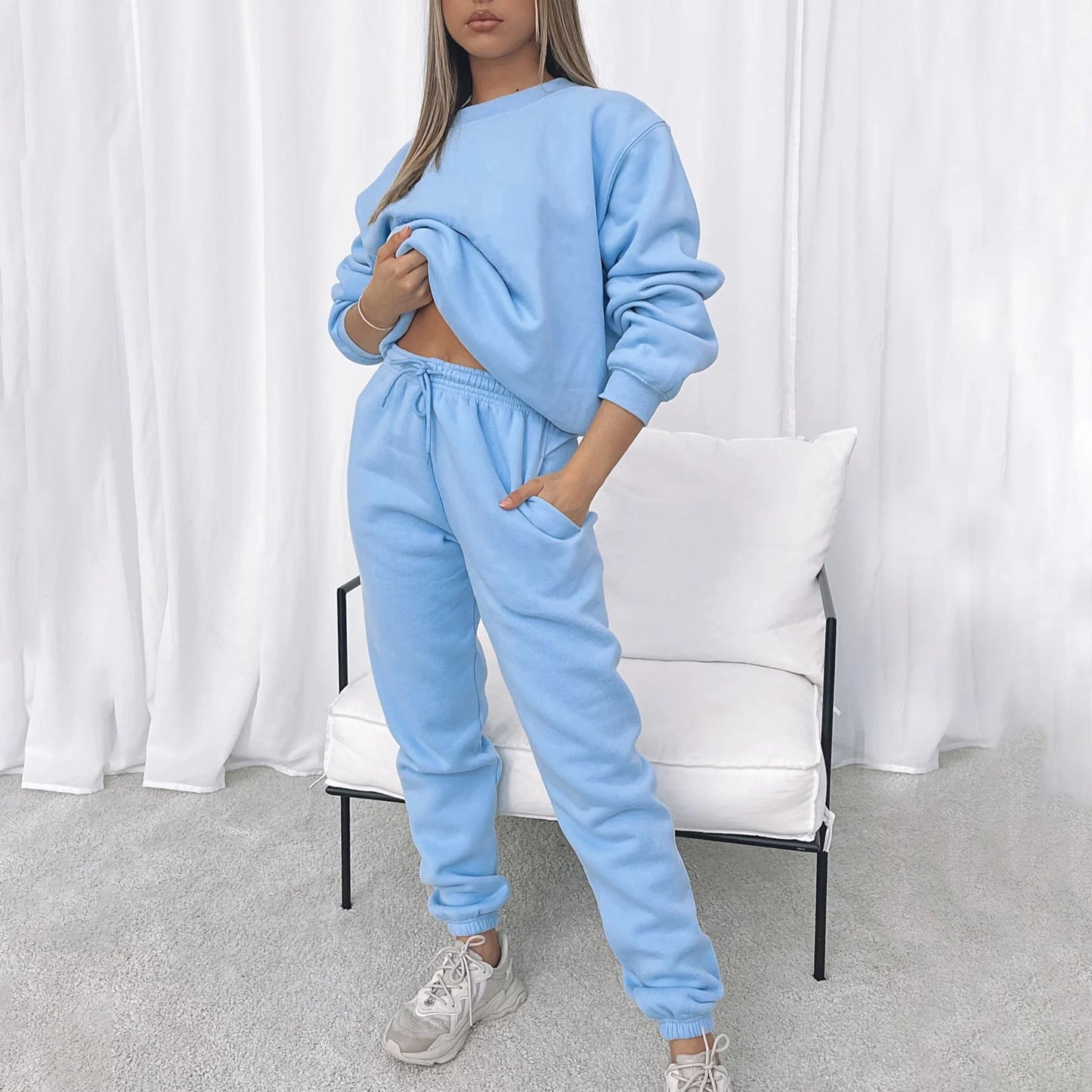 Women's Solid Color Round Neck Long-sleeved Pullover Trousers Suits