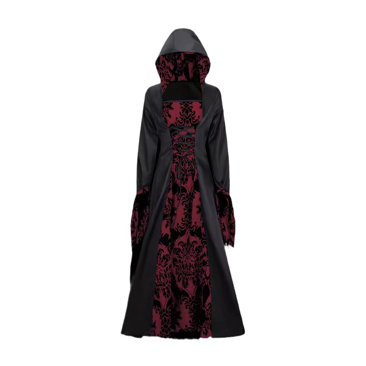 Retro Palace Style Long Sleeve Hooded Wide Hem Printed Dress