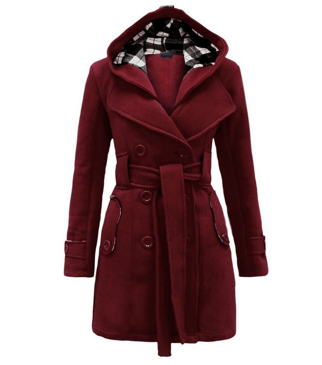 Women's Trench Woolen Plaid Hoodie Elegant Double-breasted Coats