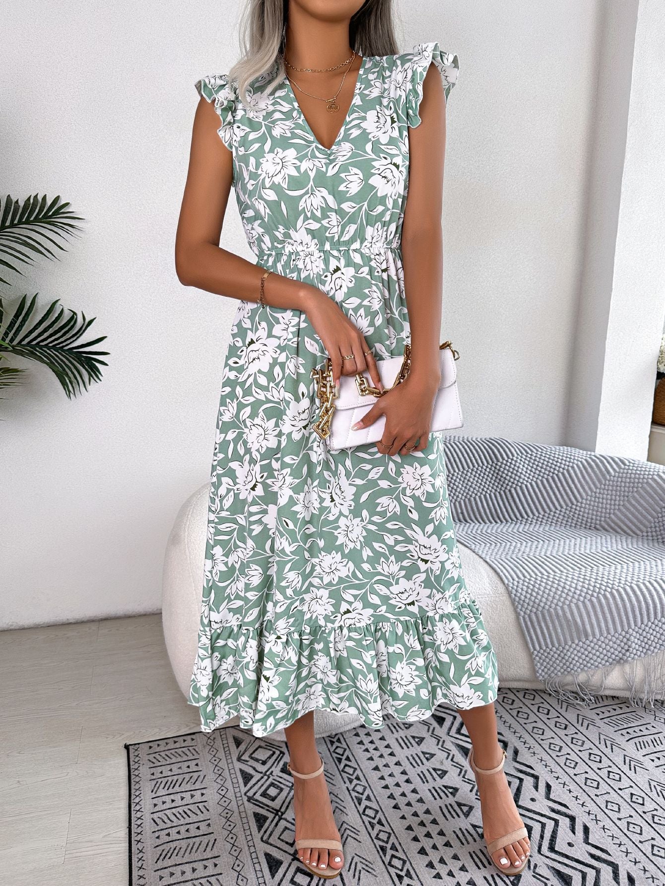 Women's Casual Wooden Ear Flower Long Holiday Dress