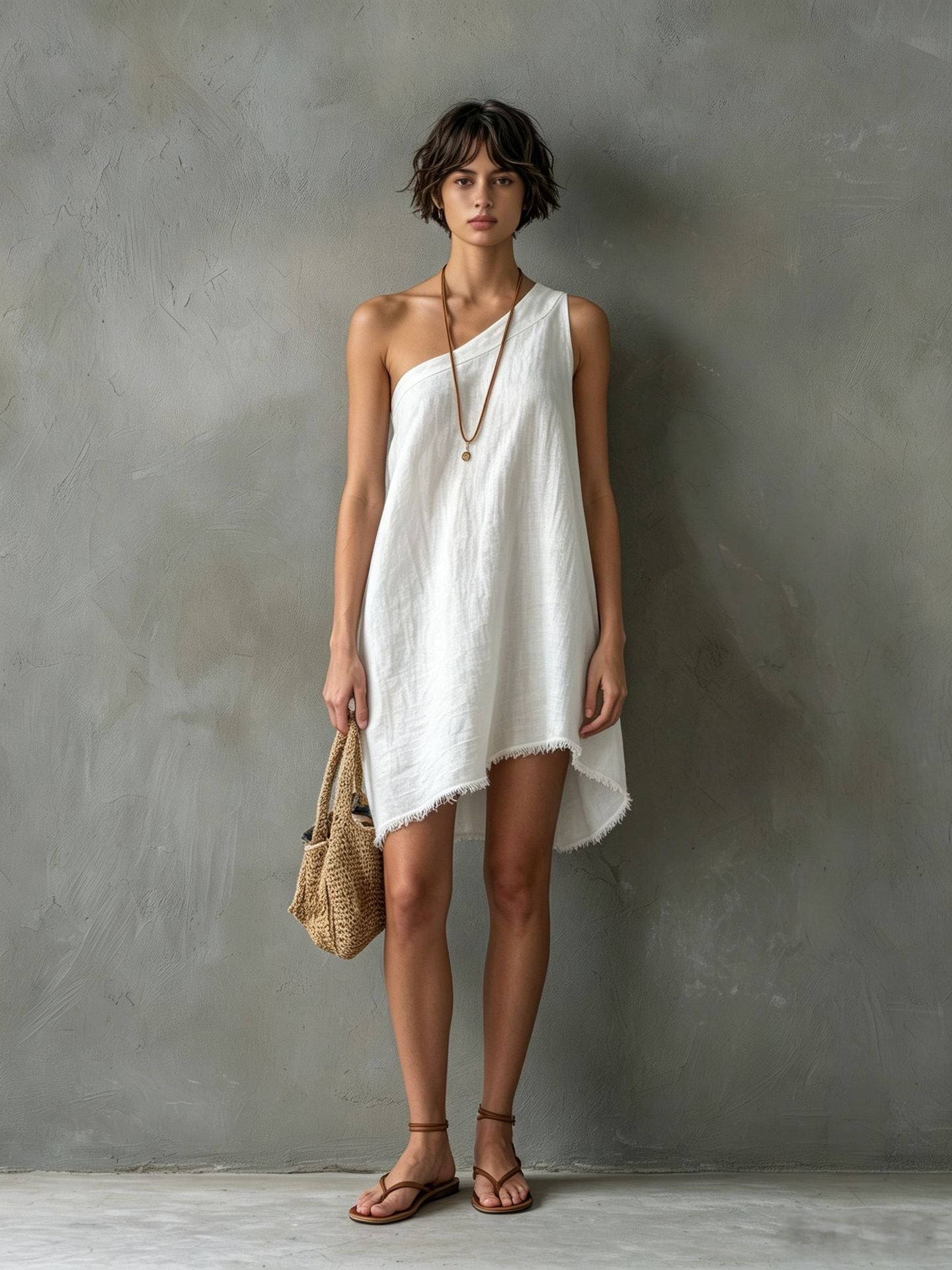 Women's Minimalist Linen Blend Shoulder Sleeveless Frayed Dress