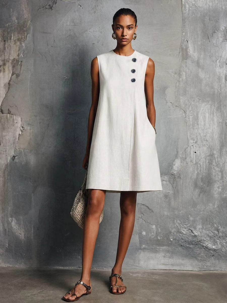 Women's Blended Round Neck Asymmetric Button Side Dress