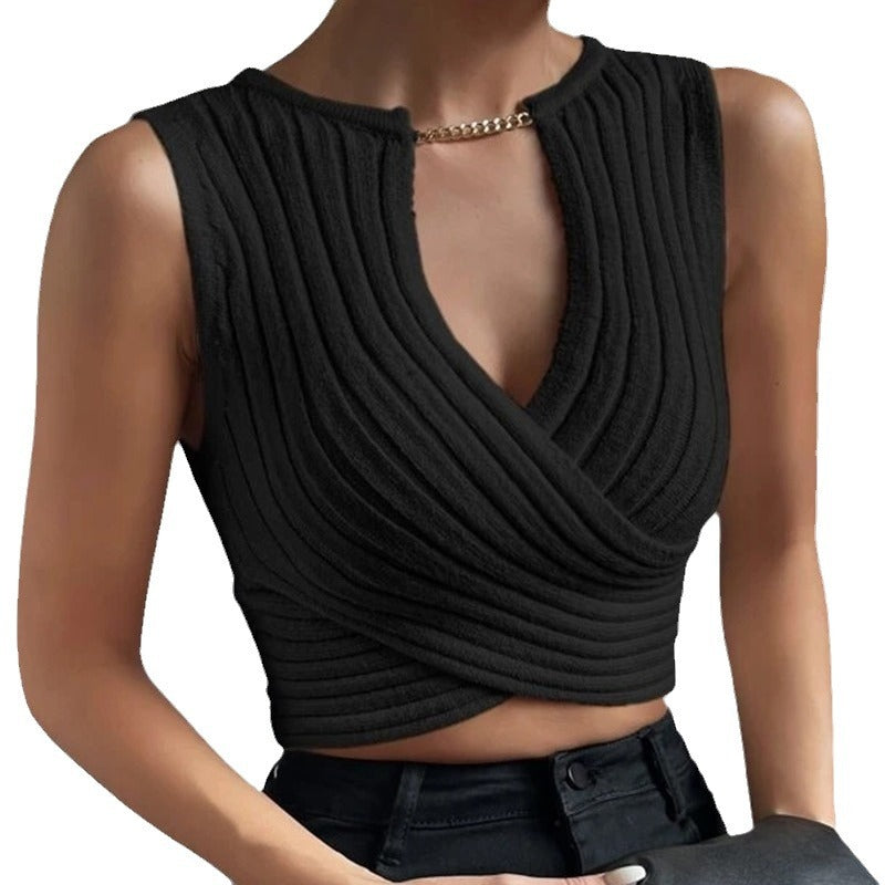 Chain Decorative Design Cross Knitted Bottoming Tops