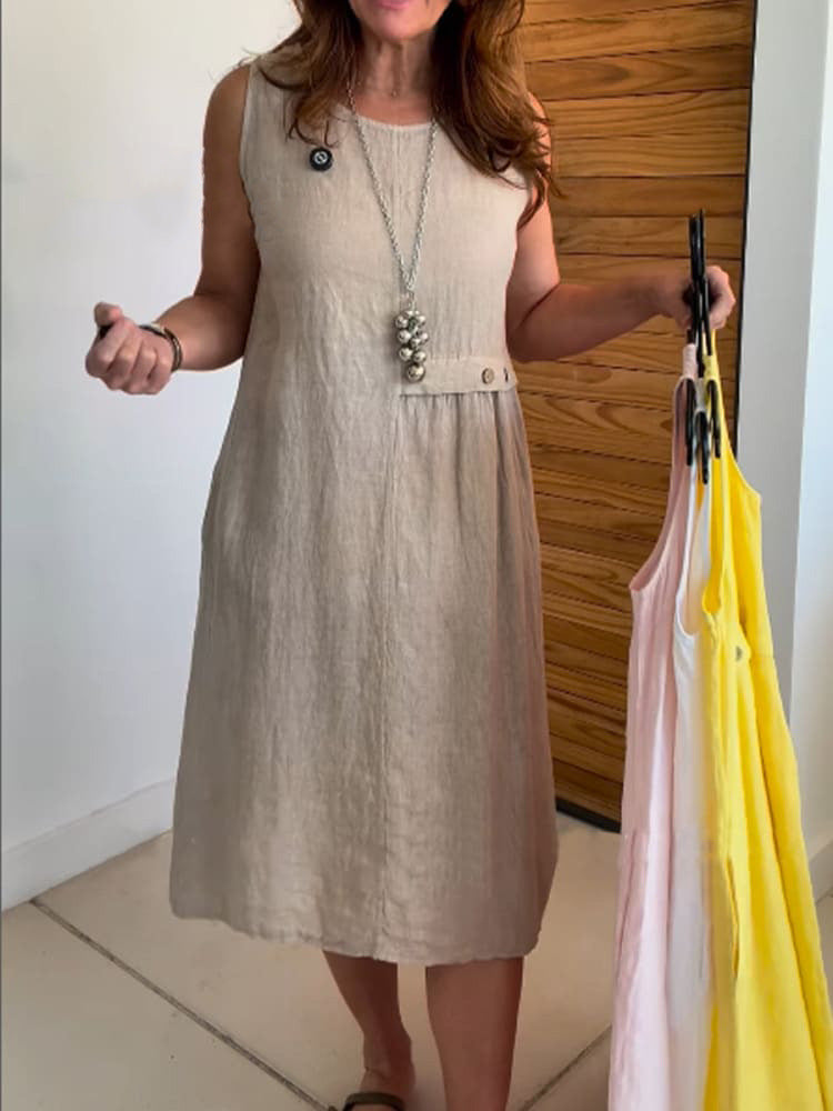 Women's Summer Button Pocket Sleeveless Round Neck Cotton Dress