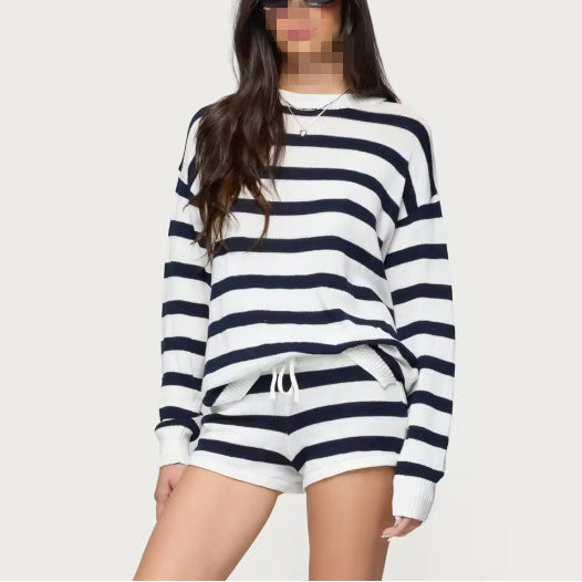 Round Neck Long Sleeve Knitted Drawstring Suits