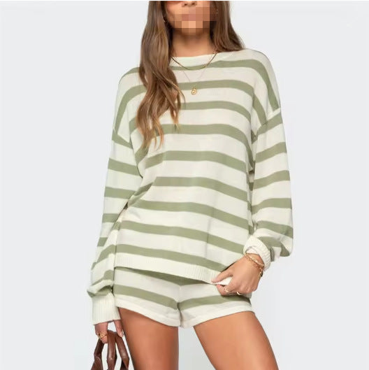 Round Neck Long Sleeve Knitted Drawstring Suits